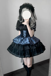 Black/Gray-Blue Ancient Dream of the Dark Night Print Ruffle Gothic Lolita Jsk Dress